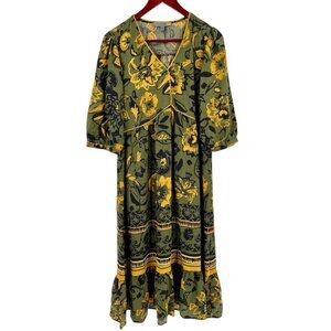 FIGUEROA & FLOWER Women's Green Floral V-Neck A-LIne Midi Dress Large